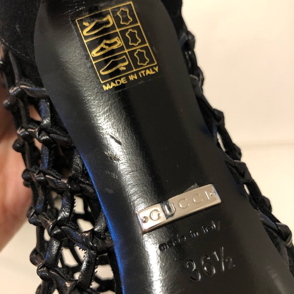 Gucci black leather woven open toe booties heels size 36.5 - Picture 5 of 7